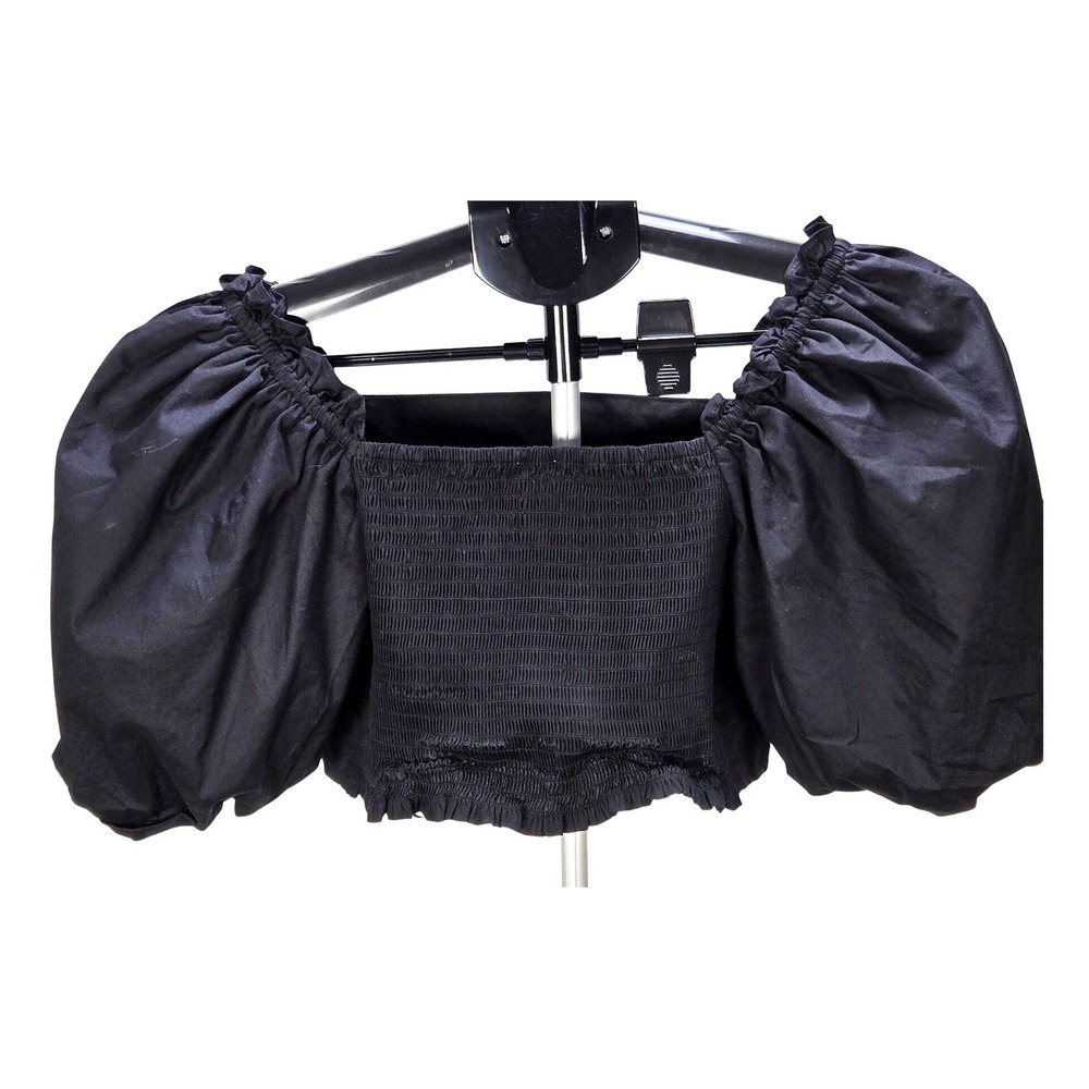 Women's Jason Wu Small Black Puff Sleeve Smocked Back Crop Top Dark Romantic - Picture 2 of 4